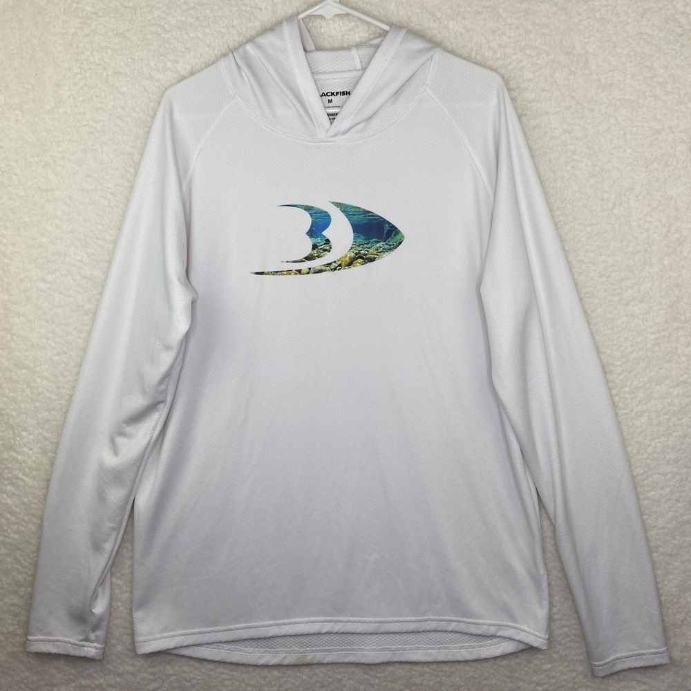 Blackfish Mens White Performance Sun Hoodie Fishing Shirt Size M Graphic Logo